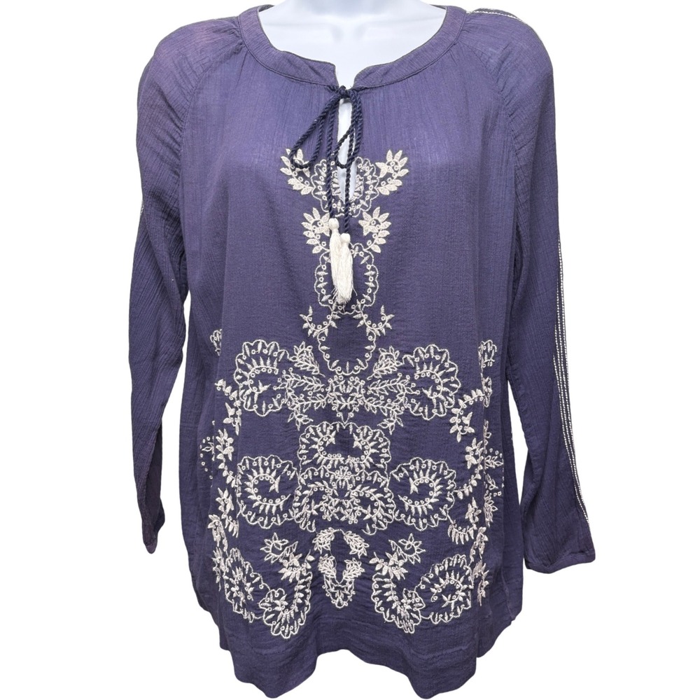 BODEN Womens Indigo Embroidered Cotton Peasant‎ Blouse Sz 10 Boho Tassel Flowy